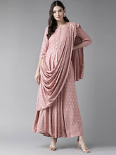 Pink & Golden Printed Maxi Dress With Attached Dupatta-AHKUPRGP-846